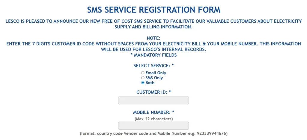 LESCO Bill SMS Service Form