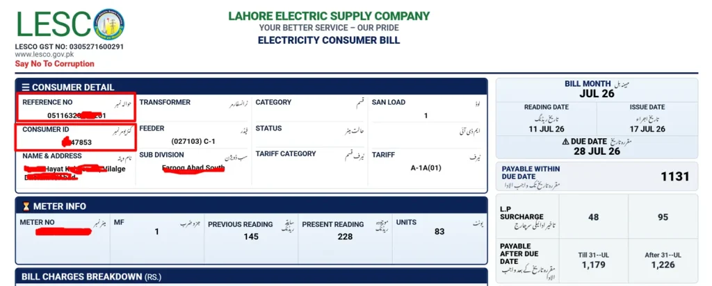 lesco bill reference number